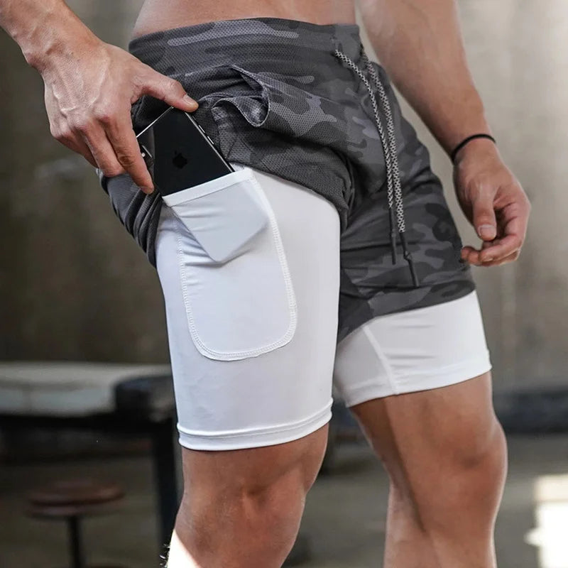 Men's Double Layer Fitness Shorts Men Fitness Gym Training 2 in 1 Sports Shorts Quick Dry Workout Jogging Double Deck Summer