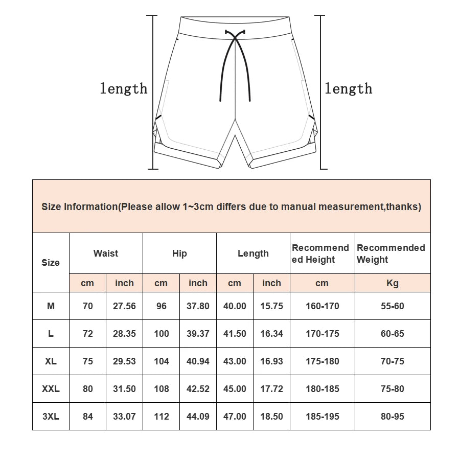 Men's Double Layer Fitness Shorts Men Fitness Gym Training 2 in 1 Sports Shorts Quick Dry Workout Jogging Double Deck Summer