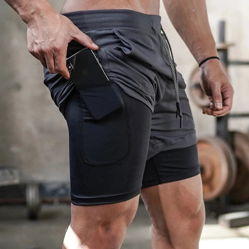 Men's Double Layer Fitness Shorts Men Fitness Gym Training 2 in 1 Sports Shorts Quick Dry Workout Jogging Double Deck Summer